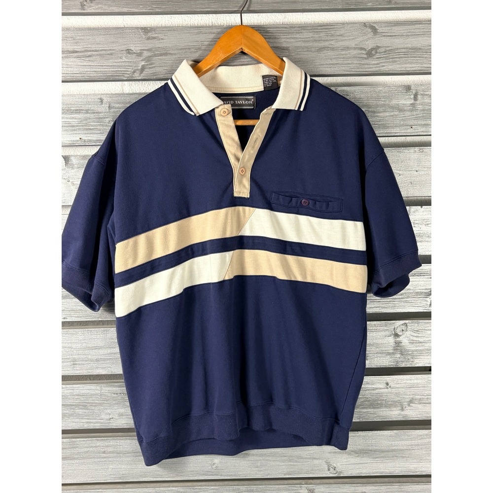 David Taylor Vintage Mens Blue Colorblock Short Sleeve Polo Shirt L Dad Grandpa